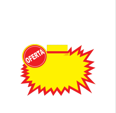Splash amarelo de formato amplo, com selo redondo Oferta e área livre.