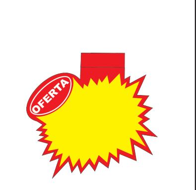 Splash amarelo com selo oval Oferta, contorno vermelho e aba superior.