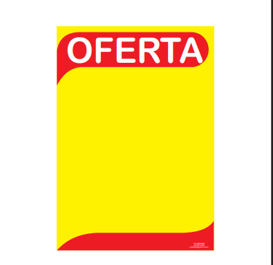 Cartaz amarelo e vermelho com cabeçalho Oferta e área livre para preço.