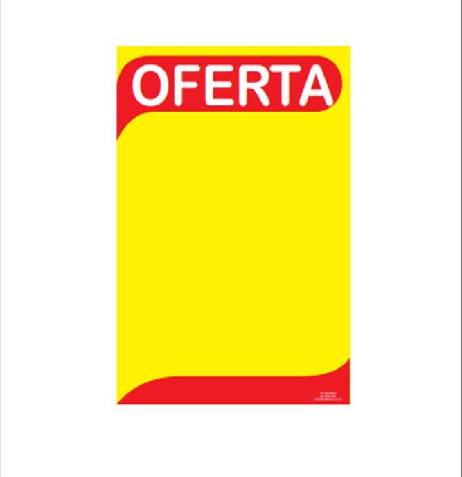 Cartaz amarelo e vermelho com título Oferta em formato médio.