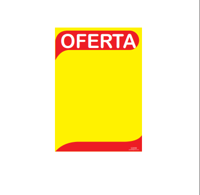 Cartaz amarelo e vermelho com título Oferta em formato compacto.