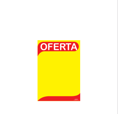 Cartaz amarelo e vermelho com título Oferta em tamanho reduzido.