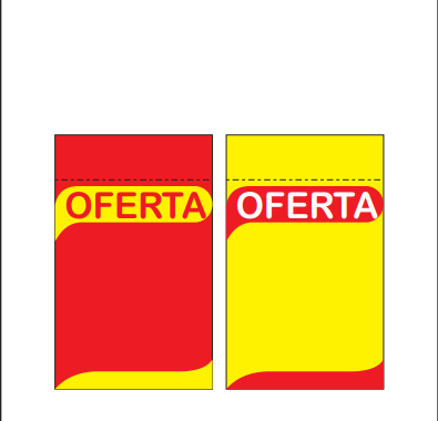 Etiqueta de Oferta apresentada no catálogo nas versões vermelha e amarela.
