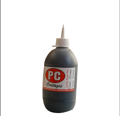 Tinta para produção manual de cartazes, em frasco com bico aplicador.